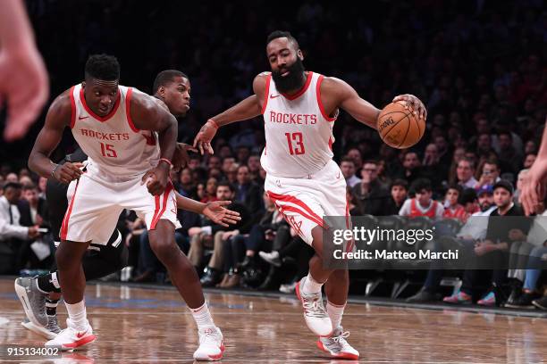 James Harden of the Houston Rockets handles the ball against Isaiah Whitehead of the Brooklyn Nets during the game at Barclays Center on February 6,...