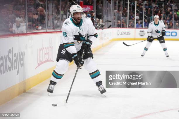 Joel Ward of the San Jose Sharks skates against the Colorado Avalanche at the Pepsi Center on February 6, 2018 in Denver, Colorado.
