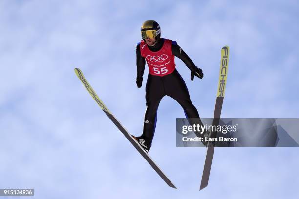 Markus Eisenbichler of Germany trains for the Men's Normal Hill Ski Jumping ahead of the PyeongChang 2018 Winter Olympic Games at Alpensia Ski...