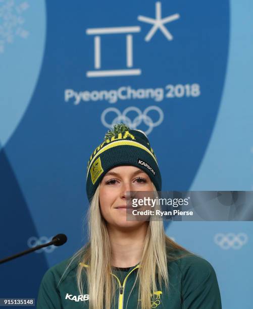 Australian Aerial Skier Danielle Scott speaks during a press conference during previews ahead of the PyeongChang 2018 Winter Olympic Games at...
