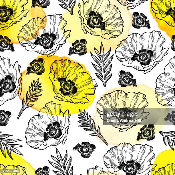 poppy seamless vector pattern - ink drawing with watercolor texture - remembrance day canada stock illustrations