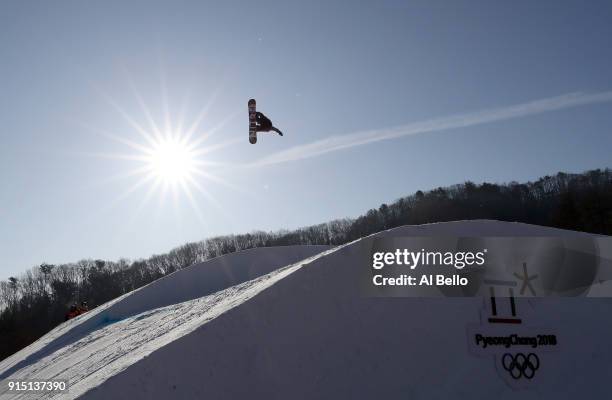 An athlete trains during the Snowboard practice session during previews ahead of the PyeongChang 2018 Winter Olympic Games at Phoenix Snow Park on...