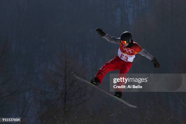 Snowboarder Anna Gasser of Austria trains during the Snowboard practice session during previews ahead of the PyeongChang 2018 Winter Olympic Games at...