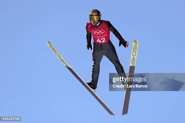 Manuel Fettner of Austria trains for the Men's Normal Hill Ski Jumping ahead of the PyeongChang 2018 Winter Olympic Games at Alpensia Ski Jumping...