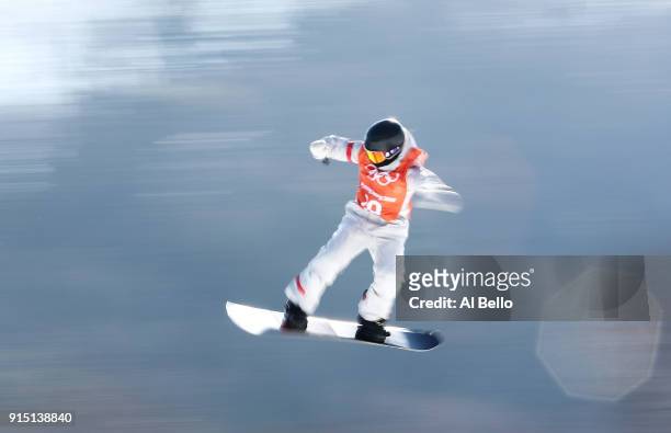 An athlete trains during the Snowboard practice session during previews ahead of the PyeongChang 2018 Winter Olympic Games at Phoenix Snow Park on...