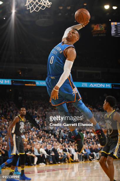 Russell Westbrook of the Oklahoma City Thunder dunks against the Golden State Warriors on February 6, 2018 at ORACLE Arena in Oakland, California....
