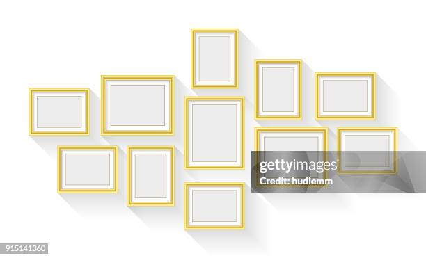 vector gold picture frame set isolated on white background - photo frames on wall stock illustrations