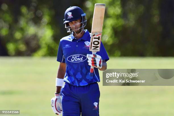 Jeet Raval of the Auckland Aces celebrates his half century during the One Day Ford Trophy Cup match between Canterbury and Auckland on February 7,...