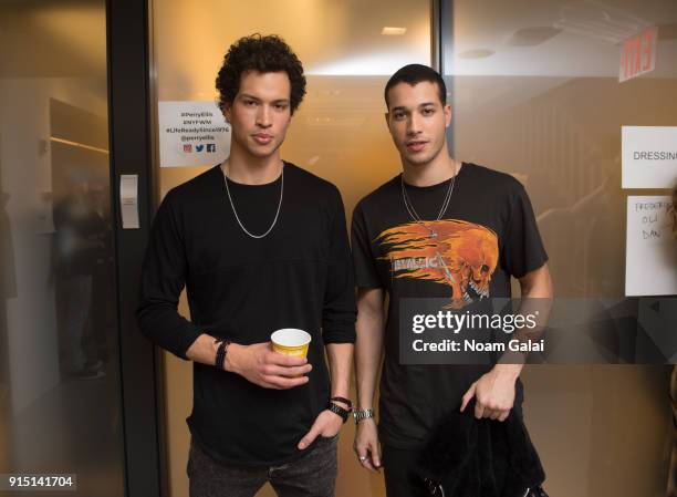 Models pose backstage at the Perry Ellis fashion show during New York Fashion Week Mens' at The Hippodrome Building on February 6, 2018 in New York...