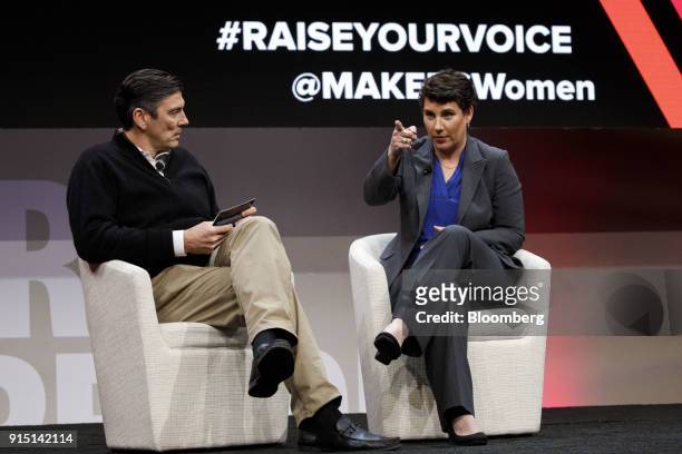 Amy McGrath, former U.S. Marine and Democratic congressional candidate for Kentucky, right, gestures while speaking with Tim Armstrong, chief...