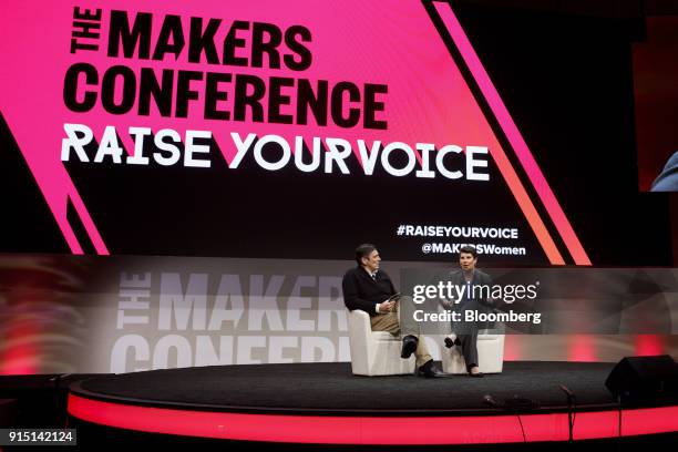 Amy McGrath, former U.S. Marine and Democratic congressional candidate from Kentucky, right, gestures while speaking with Tim Armstrong, chief...
