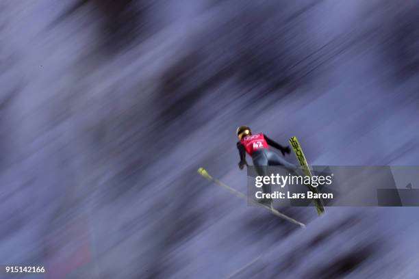 Manuel Fettner of Austria trains for the Men's Normal Hill Ski Jumping ahead of the PyeongChang 2018 Winter Olympic Games at Alpensia Ski Jumping...