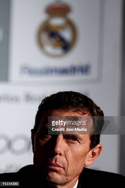 Real Madrid's Director of External Relations and soccer legend Emilio Butragueno attends a press conference to promote the club's University Studies...