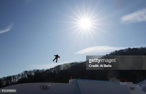 An athlete trains during the Snowboard practice session during previews ahead of the PyeongChang 2018 Winter Olympic Games at Phoenix Snow Park on...