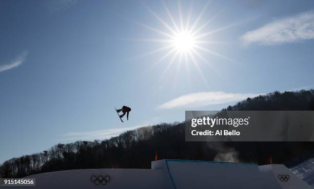 An athlete trains during the Snowboard practice session during previews ahead of the PyeongChang 2018 Winter Olympic Games at Phoenix Snow Park on...