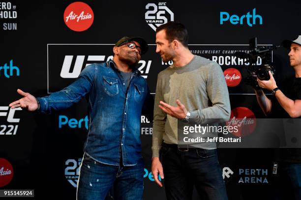 Yoel Romero of Cuba and Luke Rockhold face off during the UFC 221 Press Conference at Perth Arena on February 7, 2018 in Perth, Australia.