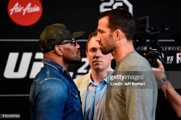 Yoel Romero of Cuba and Luke Rockhold face off during the UFC 221 Press Conference at Perth Arena on February 7, 2018 in Perth, Australia.