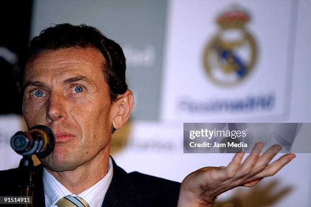 Real Madrid's Director of External Relations and soccer legend Emilio Butragueno attends a press conference to promote the club's University Studies...