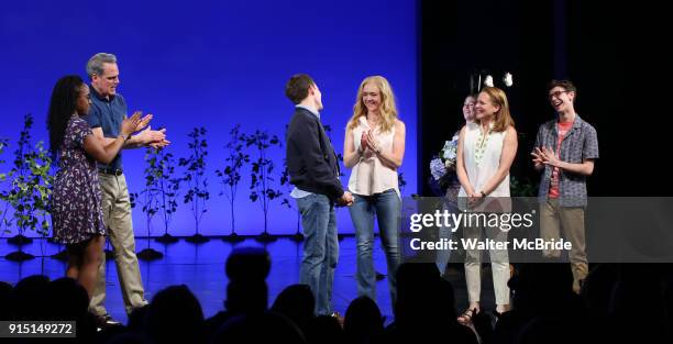 Kristolyn Lloyd, Michael Park, Laura Dreyfuss, Rachel Bay Jones, Jennifer Laura Thompson and Ben Levi Ross with Taylor Trench as he takes his bows as...