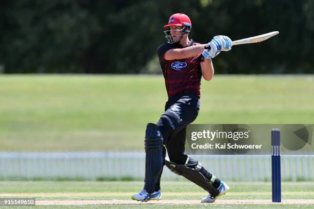 Kyle Jamieson of Canterbury bats during the One Day Ford Trophy Cup match between Canterbury and Auckland on February 7, 2018 in Christchurch, New...