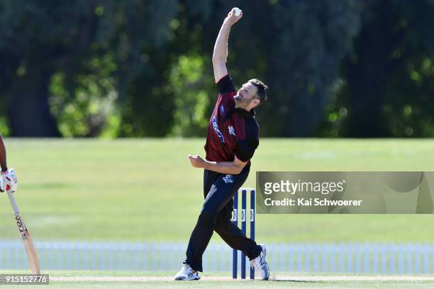 Andrew Ellis of Canterbury bowls during the One Day Ford Trophy Cup match between Canterbury and Auckland on February 7, 2018 in Christchurch, New...