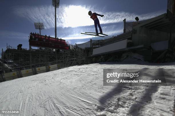 Richard Freitag of Germany trains for the Men's Normal Hill Ski Jumping ahead of the PyeongChang 2018 Winter Olympic Games at Alpensia Ski Jumping...