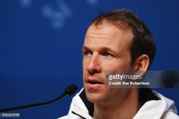 United States biathlete Lowell Bailey attends a press conference at the Main Press Centre during previews ahead of the PyeongChang 2018 Winter...