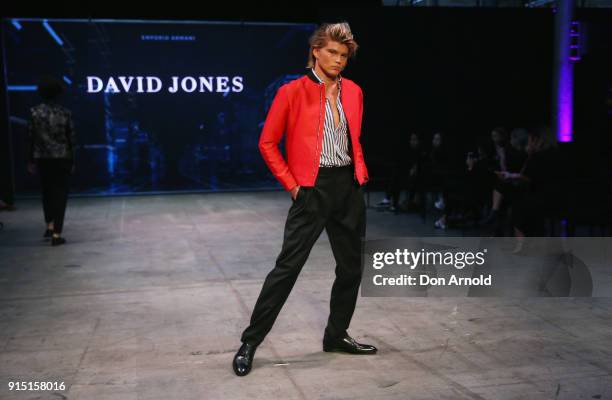 Jordan Barrett showcases designs by Emporio Armani during the media rehearsal ahead of the David Jones Autumn Winter 2018 Collections Launch at...