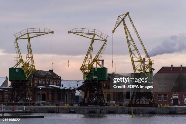 Cranes seen at the maritim port in Szczecin.