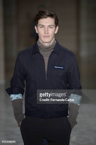 Model walks at Perry Ellis Runway on February 2018 at New York Fashion Week Mens' at The Hippodrome Building on February 6, 2018 in New York City.