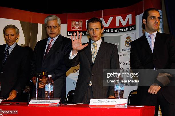 Miguel Carmelon , Jorge Luis Brake and Luis Felipe Noriega stand beside Real Madrid's Director of External Relations and soccer legend Emilio...