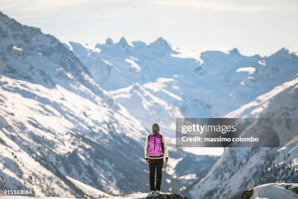 hiker woman admire the alpine landscape - engadin stock-fotos und bilder