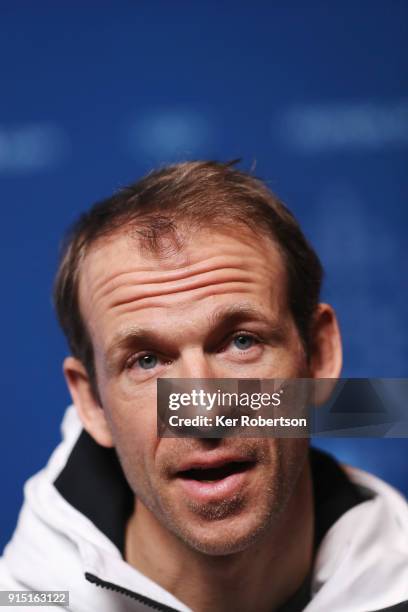 United States biathlete Lowell Bailey2 attends a press conference at the Main Press Centre during previews ahead of the PyeongChang 2018 Winter...