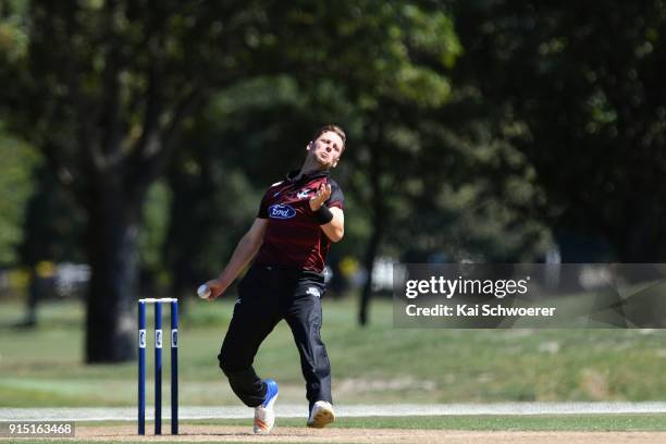 Matt Henry of Canterbury bowls during the One Day Ford Trophy Cup match between Canterbury and Auckland on February 7, 2018 in Christchurch, New...
