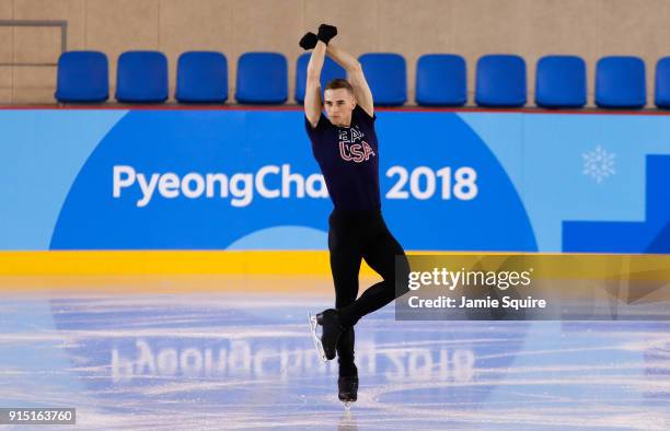 Adam Rippon of The United States trains during Figure Skating practice ahead of the PyeongChang 2018 Winter Olympic Games at Gangneung Ice Arena on...