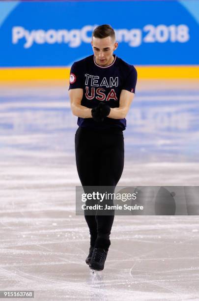 Adam Rippon of The United States trains during Figure Skating practice ahead of the PyeongChang 2018 Winter Olympic Games at Gangneung Ice Arena on...