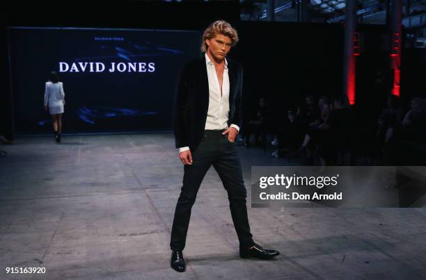 Jordan Barrett showcases designs by Balmain Paris during the media rehearsal ahead of the David Jones Autumn Winter 2018 Collections Launch at...