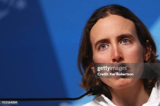 United States biathlete Susan Dunklee attends a press conference at the Main Press Centre during previews ahead of the PyeongChang 2018 Winter...