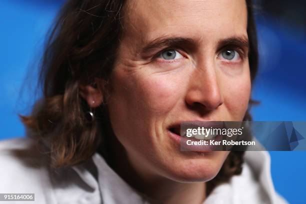 United States biathlete Susan Dunklee attends a press conference at the Main Press Centre during previews ahead of the PyeongChang 2018 Winter...