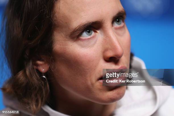 United States biathlete Susan Dunklee attends a press conference at the Main Press Centre during previews ahead of the PyeongChang 2018 Winter...