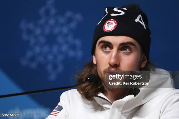 United States biathlete Sean Doherty attends a press conference at the Main Press Centre during previews ahead of the PyeongChang 2018 Winter Olympic...