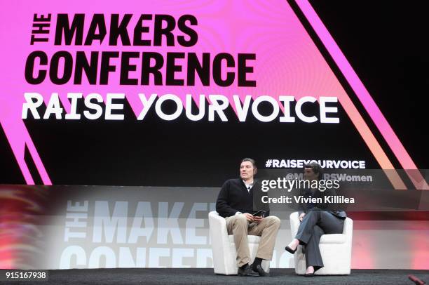 Chief Executive Officer, Oath, Tim Armstrong and former U.S. Marine and congressional candidate in Kentucky Amy McGrath speak onstage during The 2018...