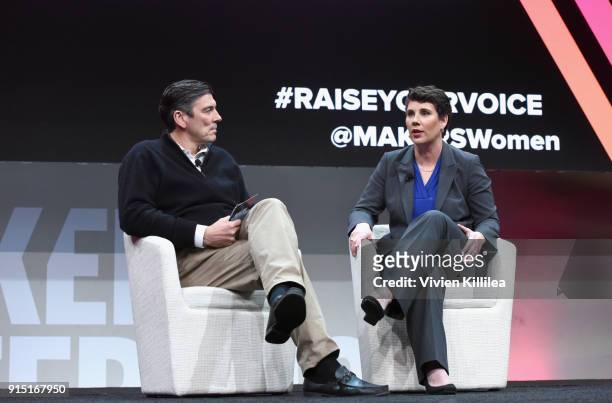 Chief Executive Officer, Oath, Tim Armstrong and former U.S. Marine and congressional candidate in Kentucky Amy McGrath speak onstage during The 2018...