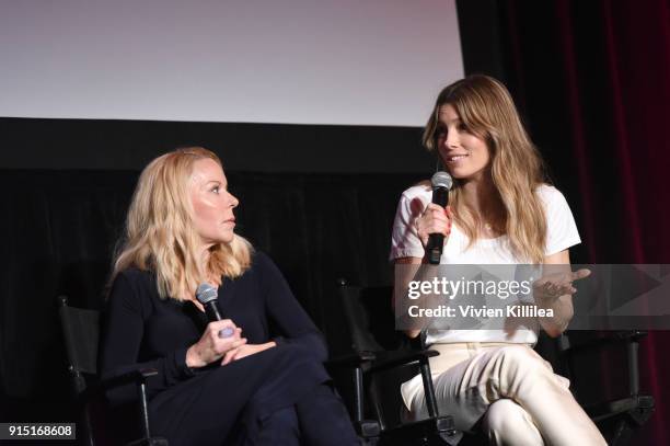 Chief Executive Officer and Executive Director of Evofem Biosciences, Inc. Saundra Pelletier and Jessica Biel speak during The 2018 MAKERS Conference...