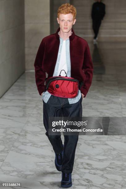 Model walks the runway wearing Perry Ellis Fall 2018 at The Hippodrome Building on February 6, 2018 in New York City.