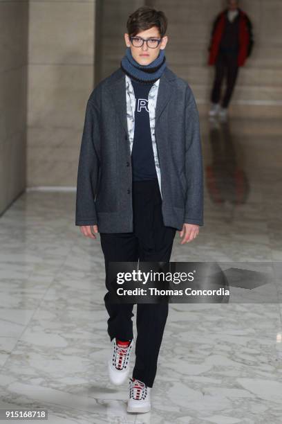 Model walks the runway wearing Perry Ellis Fall 2018 at The Hippodrome Building on February 6, 2018 in New York City.