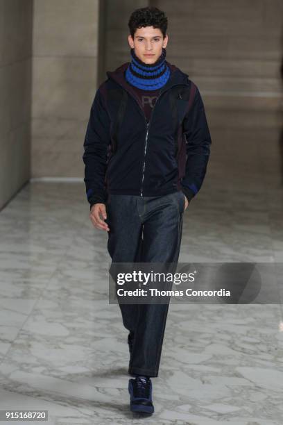 Model walks the runway wearing Perry Ellis Fall 2018 at The Hippodrome Building on February 6, 2018 in New York City.