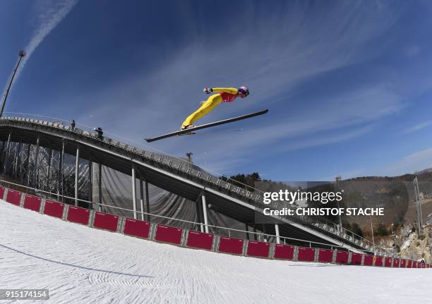 Czech Republic's Lukas Hlava takes part in the Men's Normal Hill off training Jump at the Alpensia Ski Jumping center ahead of the Pyeongchang 2018...