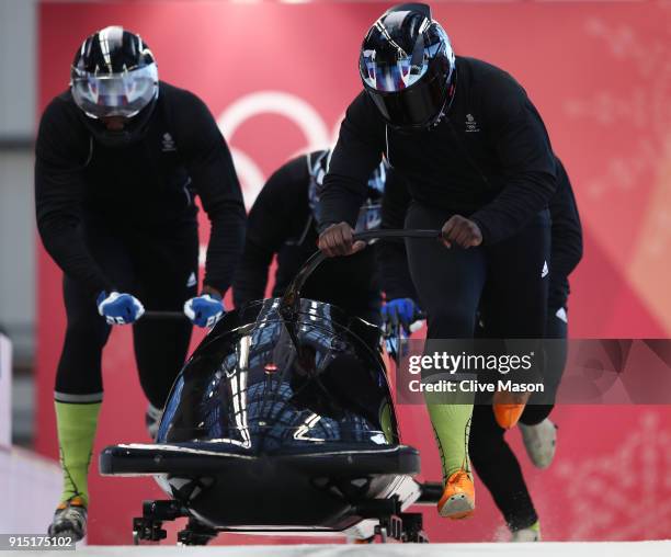 Lamin Deen of Great Britain trains during Bobsleigh practice ahead of the PyeongChang 2018 Winter Olympic Games at Olympic Sliding Centre on February...