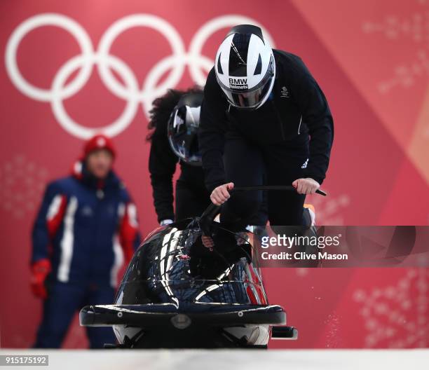 Mica McNeill of Great Britain trains during Bobsleigh practice ahead of the PyeongChang 2018 Winter Olympic Games at Olympic Sliding Centre on...